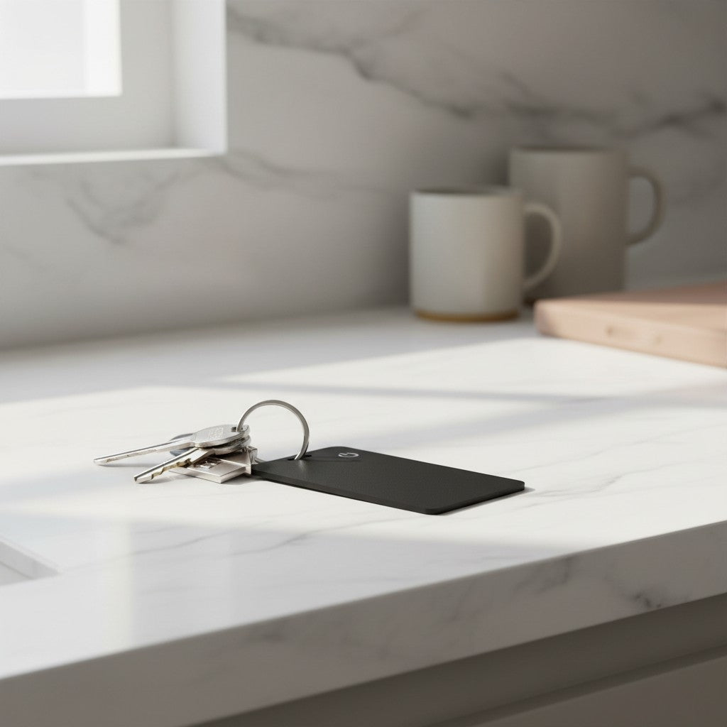 Traceur Bluetooth Zénithia noir ultra-mince attaché à un trousseau de clés sur un comptoir en marbre blanc