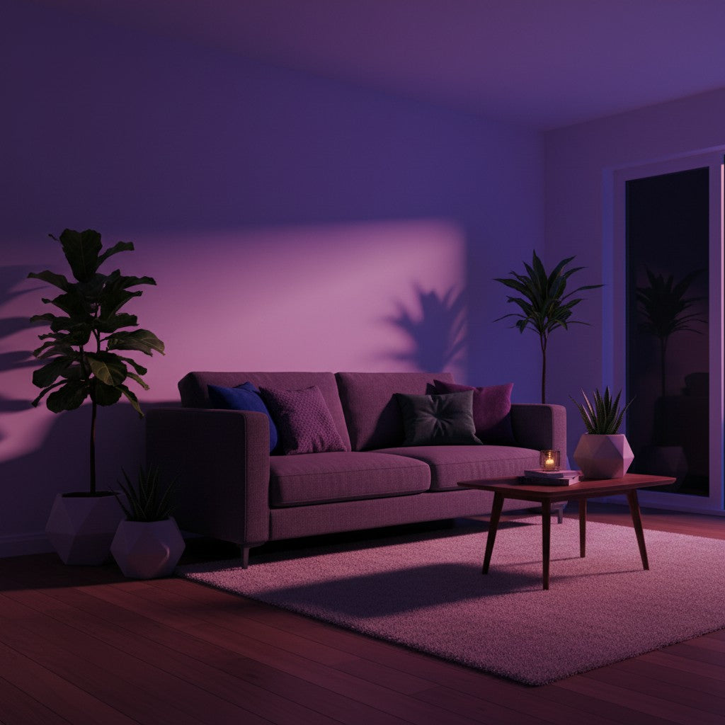 Salon moderne éclairé par une ampoule intelligente Zénithia diffusant une lumière d'ambiance violette et relaxante
