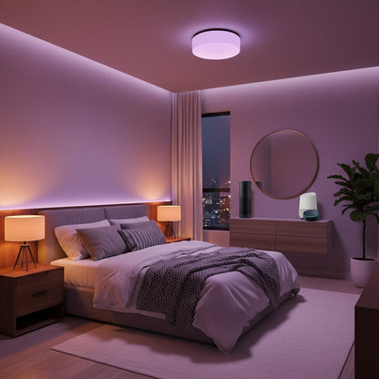 Chambre moderne éclairée par une ampoule intelligente Zénithia diffusant une lumière violette ambiante et relaxante.