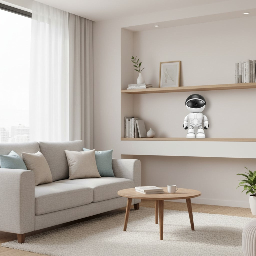Caméra de surveillance WiFi Zénithia 1080P en forme de robot blanc posée sur une étagère dans un salon moderne.