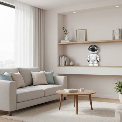Caméra de surveillance WiFi Zénithia 1080P en forme de robot blanc posée sur une étagère dans un salon moderne.