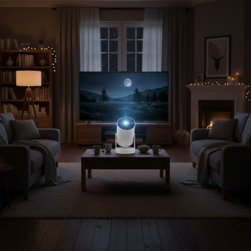 Mini projecteur HD portable Zénithia blanc sur une table basse dans un salon chaleureux pour une soirée cinéma