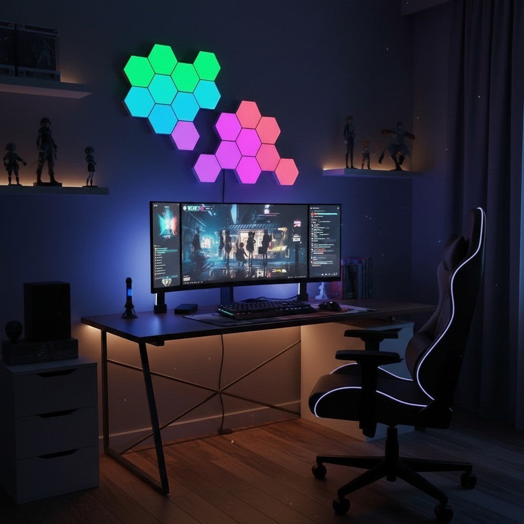 Panneaux lumineux hexagonaux RGB Zénithia installés sur un mur au-dessus d'un bureau gaming avec éclairage dynamique