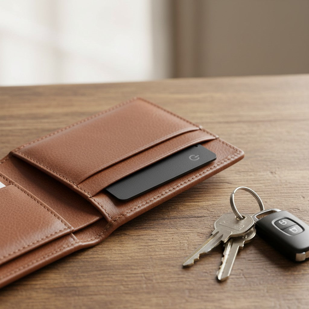 Traceur Bluetooth Zénithia ultra-mince noir inséré dans un portefeuille en cuir marron à côté d'un trousseau de clés.