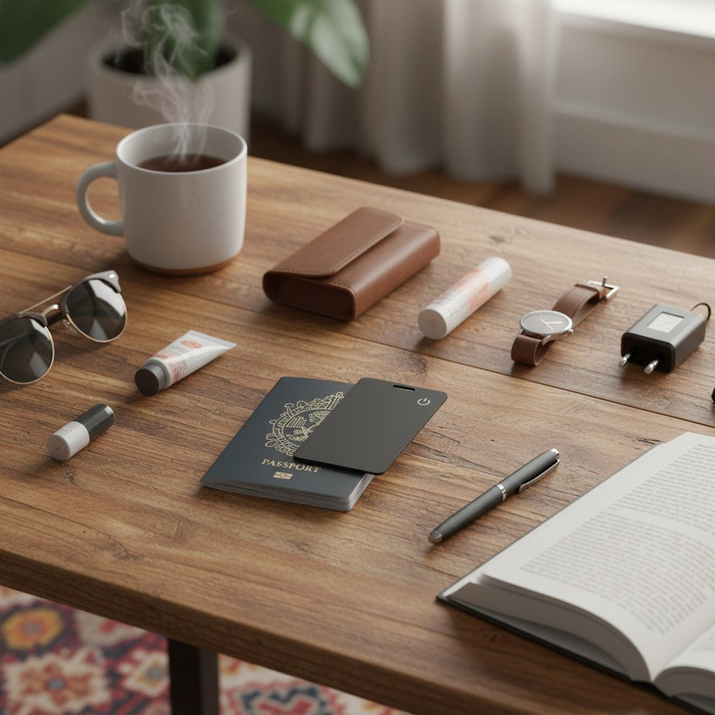 Traceur Bluetooth ultra-mince Zénithia noir posé sur un passeport, idéal pour un portefeuille ou un sac de voyage.